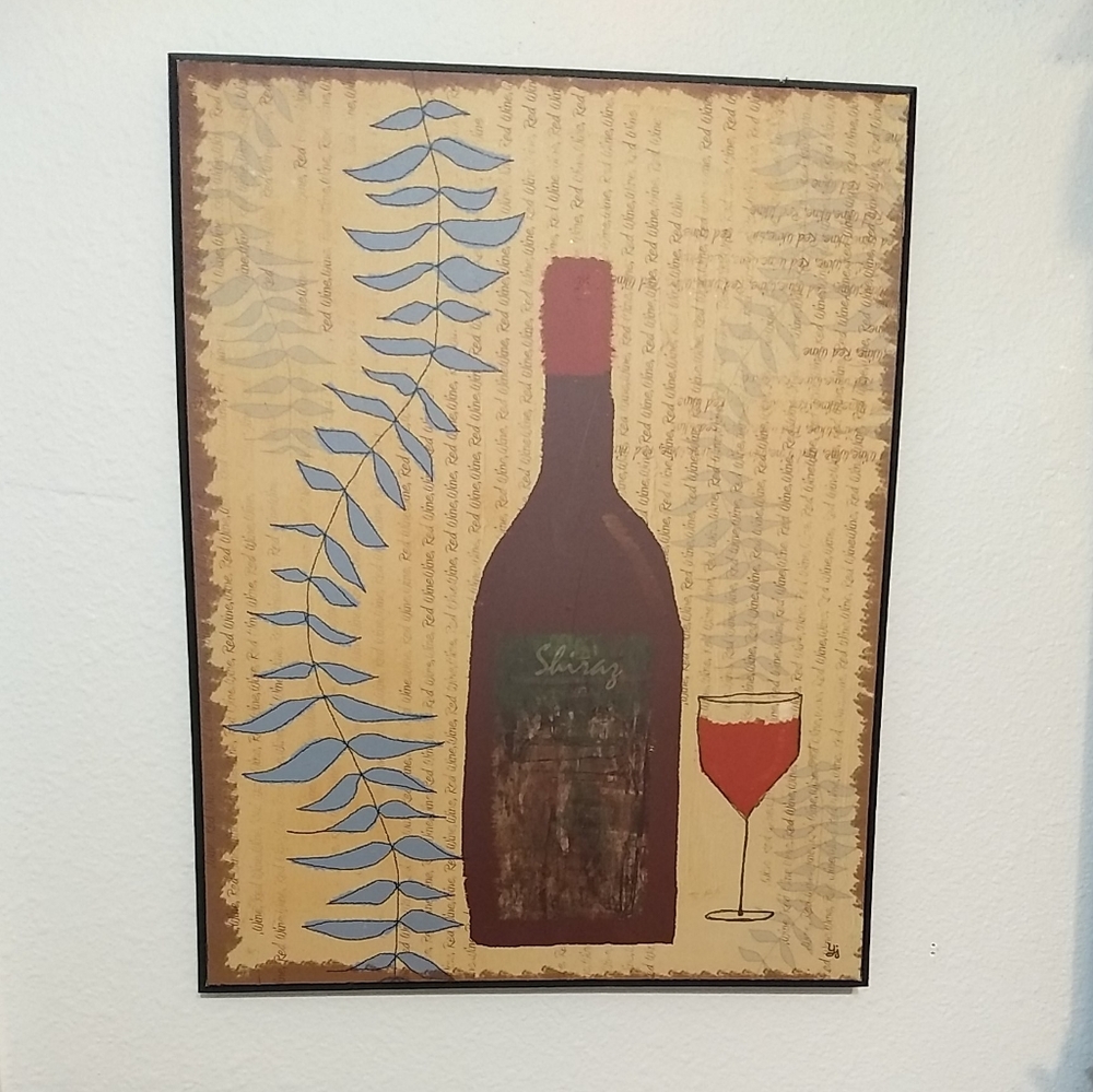 Wood Wall Plaque Sign Shiraz Bottle Red Wine Glass & Vine 11" x 14" Art Decor